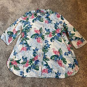 Jessica London Linen Rayon Tunic Top Floral Button Shirt 3/4 Sleeve Women’s 16W